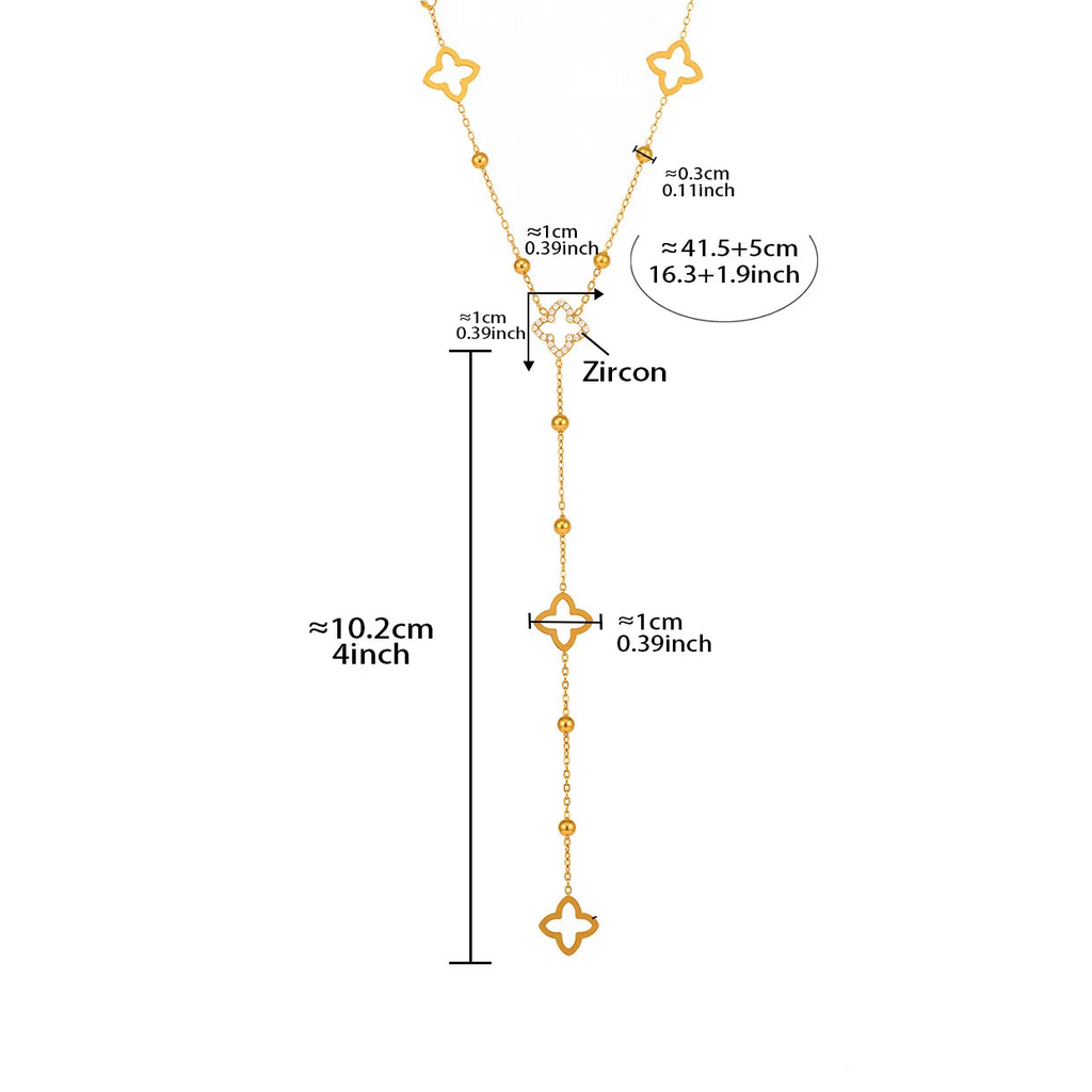 Collar largo con colgantes de trébol de 4 hojas y circonio 