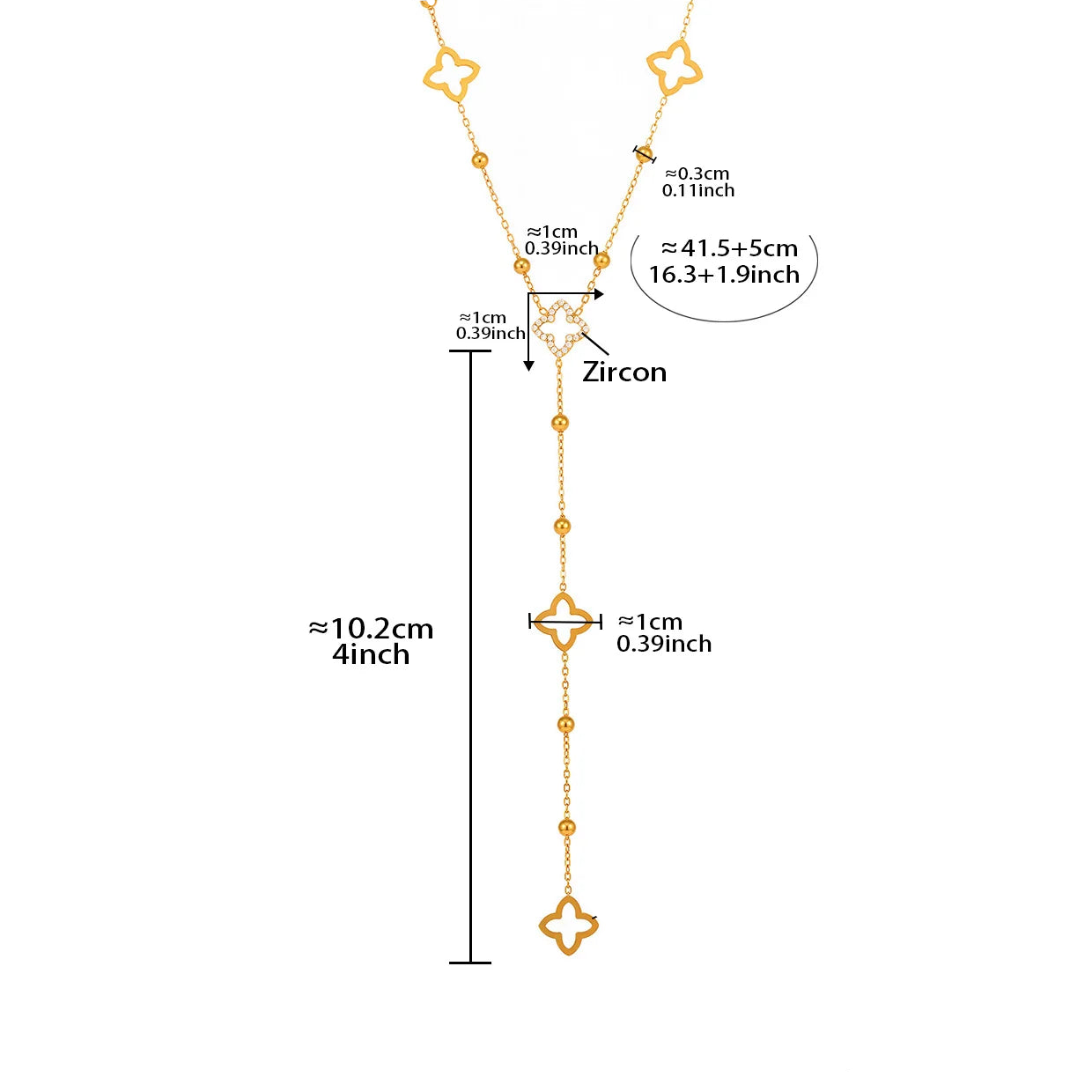 Collar largo con colgantes de trébol de 4 hojas y circonio 