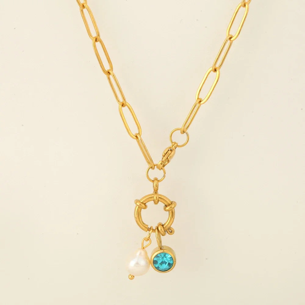Collar de eslabones con colgante de perla y piedra de nacimiento de diciembre