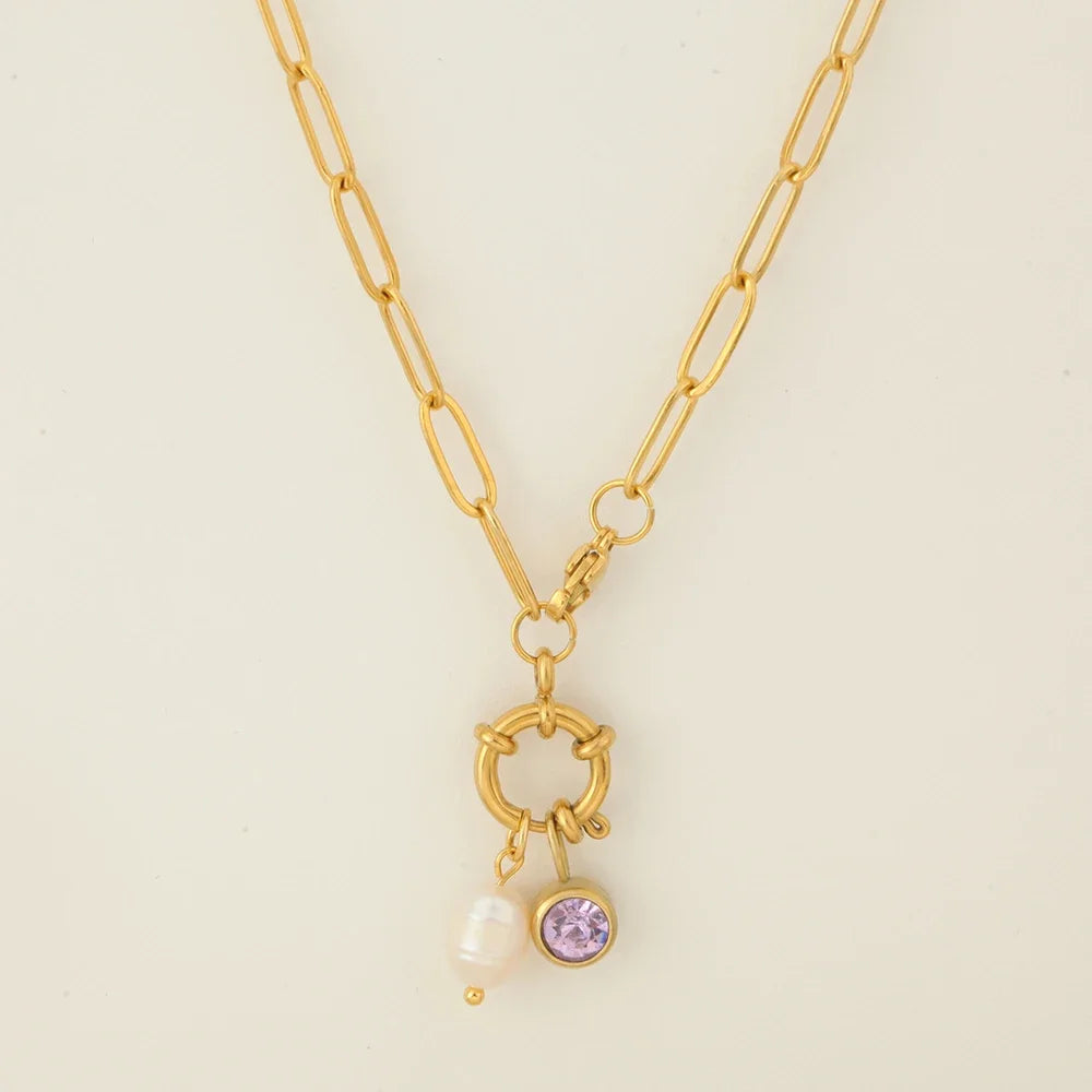 Collar de eslabones con colgante de perla y piedra de nacimiento de febrero