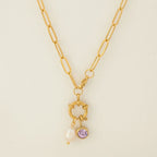 Collar de eslabones con colgante de perla y piedra de nacimiento de febrero
