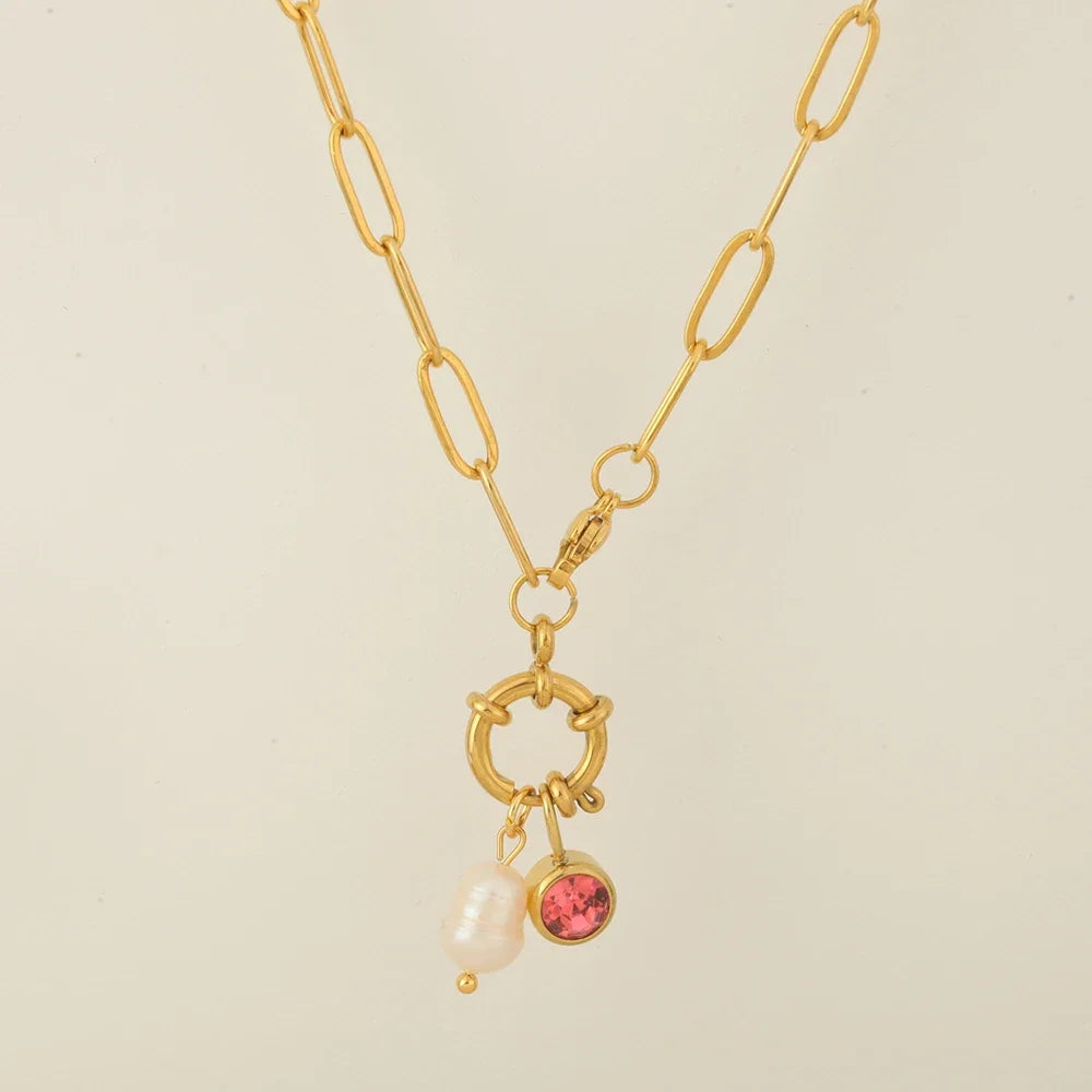 Collar de eslabones con colgante de perla y piedra de nacimiento de julio