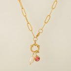 Collar de eslabones con colgante de perla y piedra de nacimiento de julio