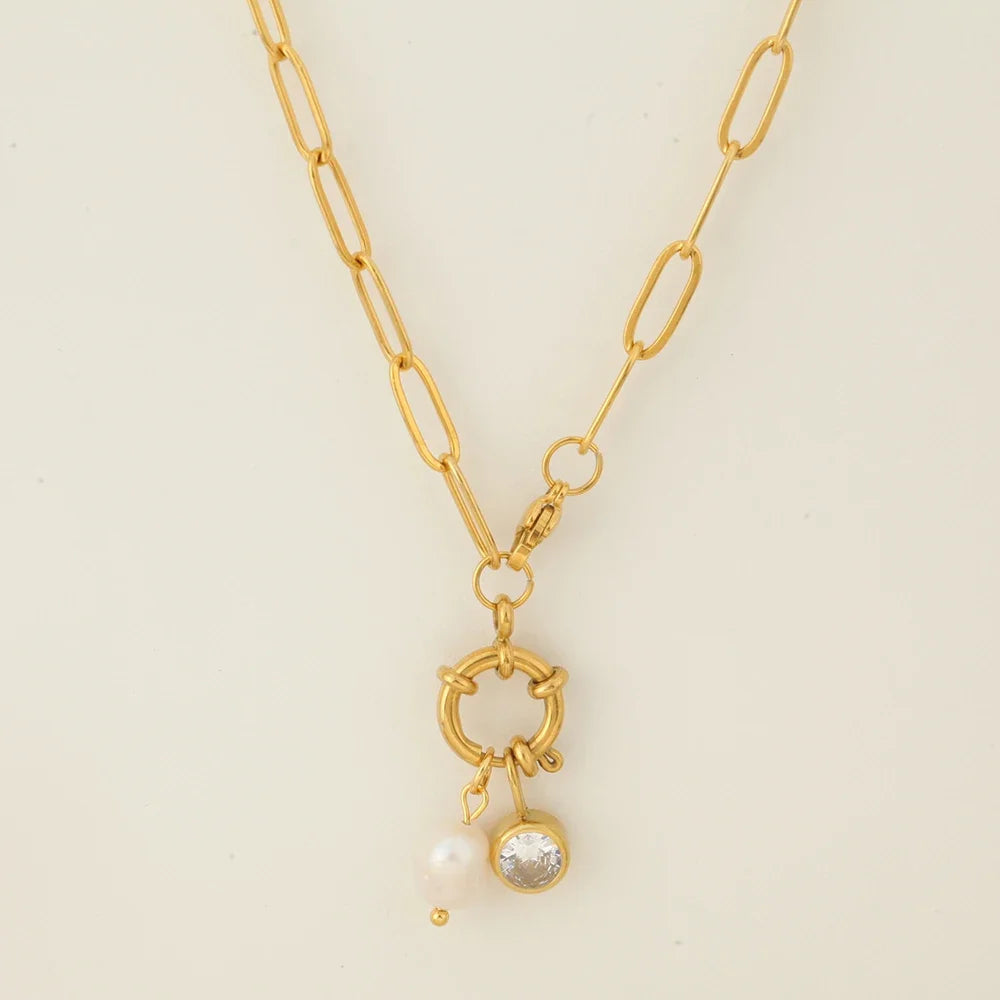Collar de eslabones con colgante de perla y piedra de nacimiento de marzo