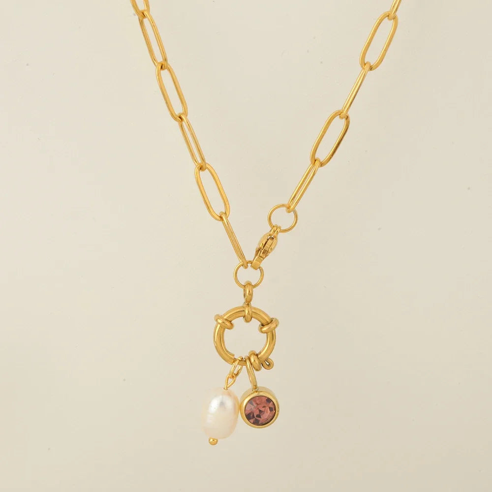 Collar de eslabones con colgante de perla y piedra de nacimiento de octubre