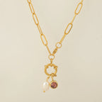 Collar de eslabones con colgante de perla y piedra de nacimiento de octubre