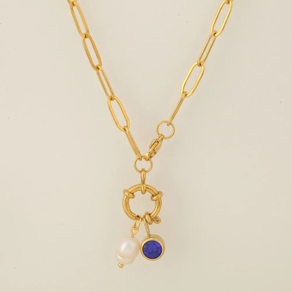 Collar de eslabones con colgante de perla y piedra de nacimiento de septiembre