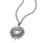 Collier motif soleil éclatant et cœur central argent