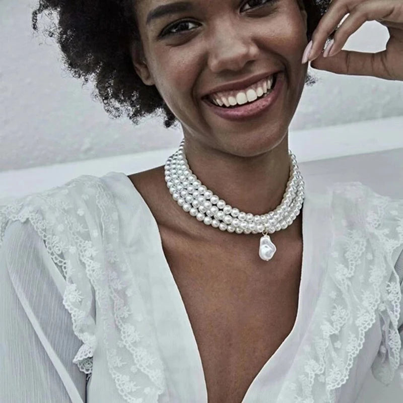 Collar multicapas con colgante de perla gota de agua 