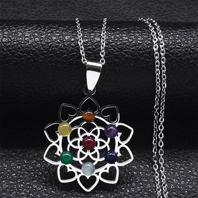 Collar Colgante 7 Chakras Flor Sagrada Piedras Naturales Cadena Hombre Mujer 1 plata