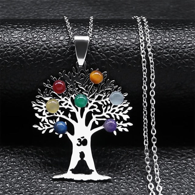 Collar Colgante 7 Chakras Flor Sagrada Piedras Naturales Cadena Hombre Mujer 2 plata