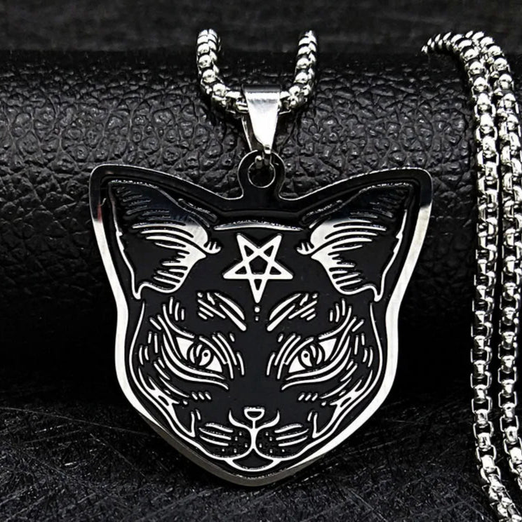 Collar Colgante Gato Negro Pentáculo Brujería Wicca