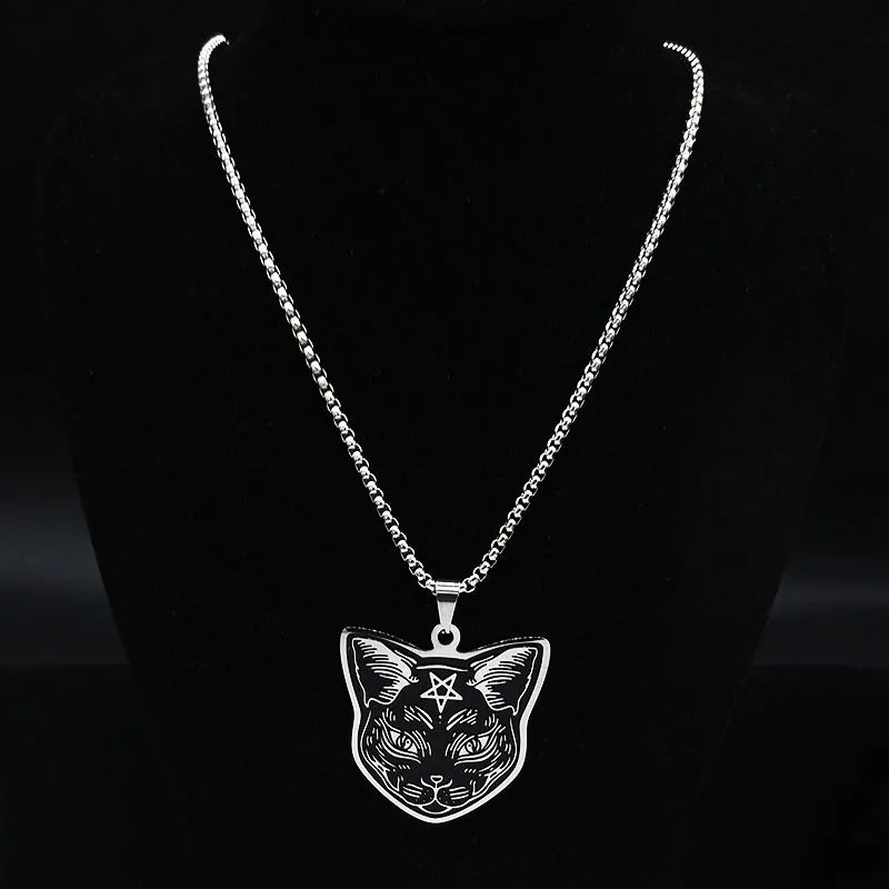 Collar Colgante Gato Negro Pentáculo Brujería Wicca