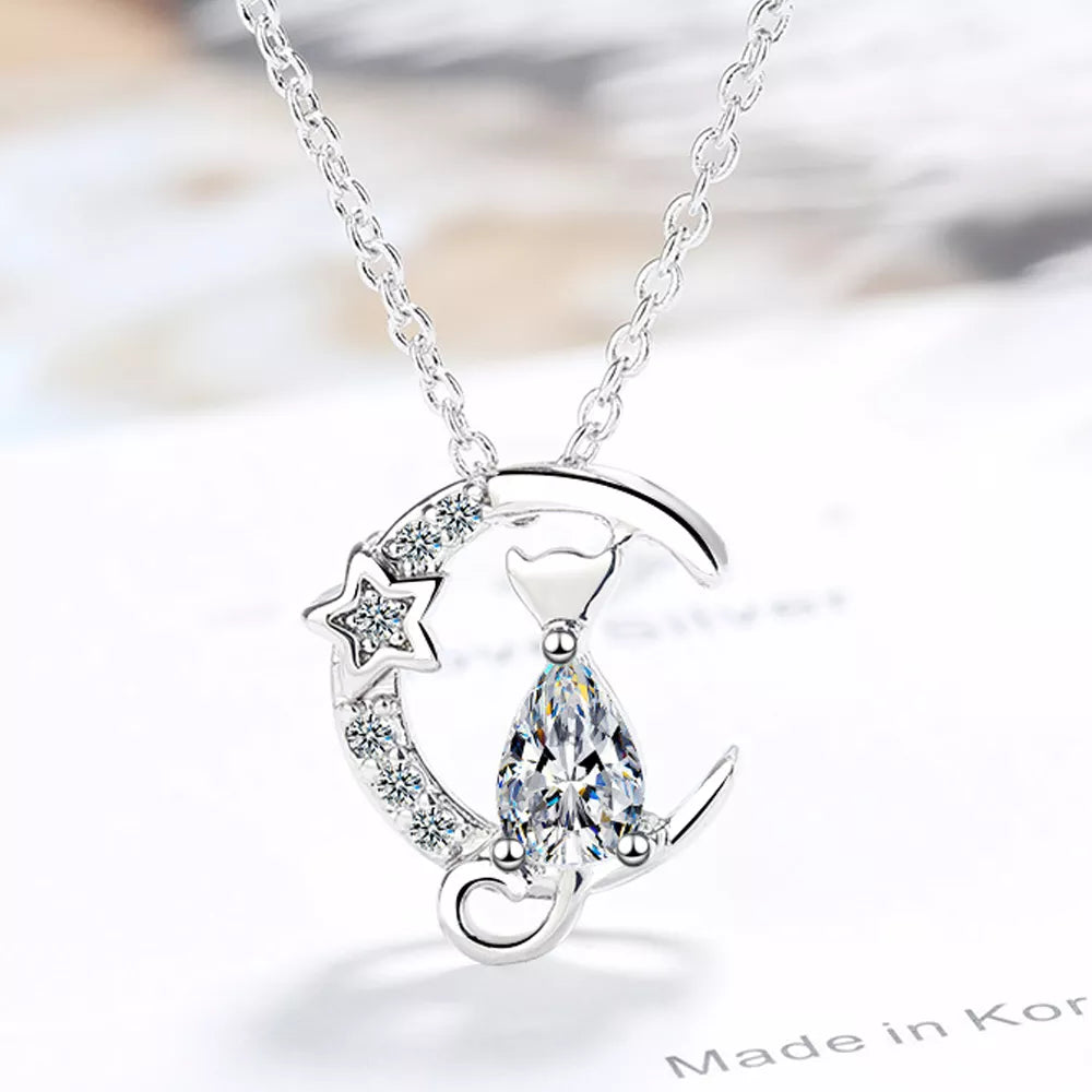 Collar Colgante Gato Circonio Plata