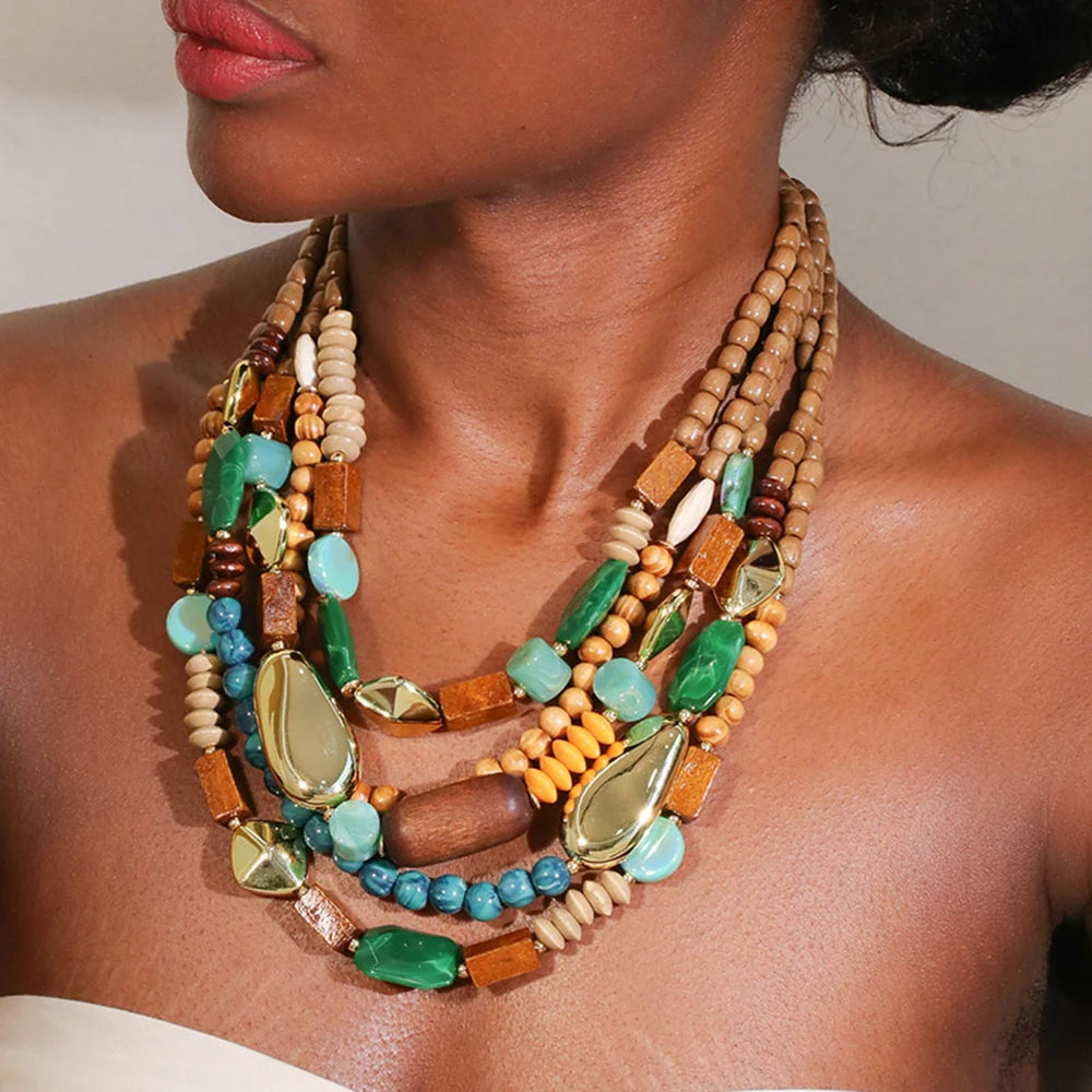 Collar Colgante de Perlas y Madera verde