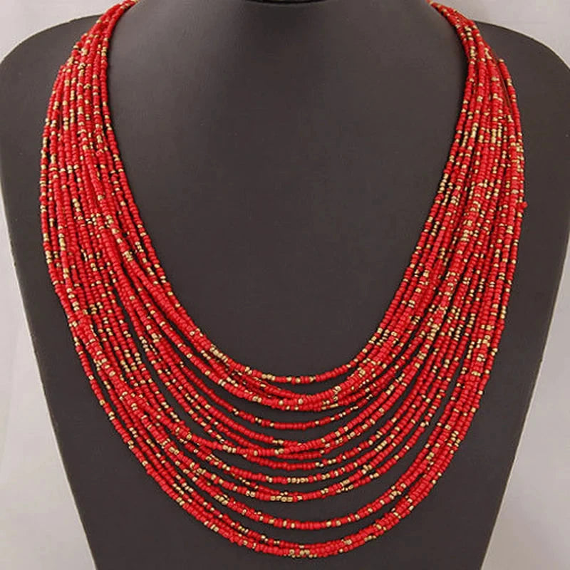 Collar Colgante Étnico Africano Multicapas rojo