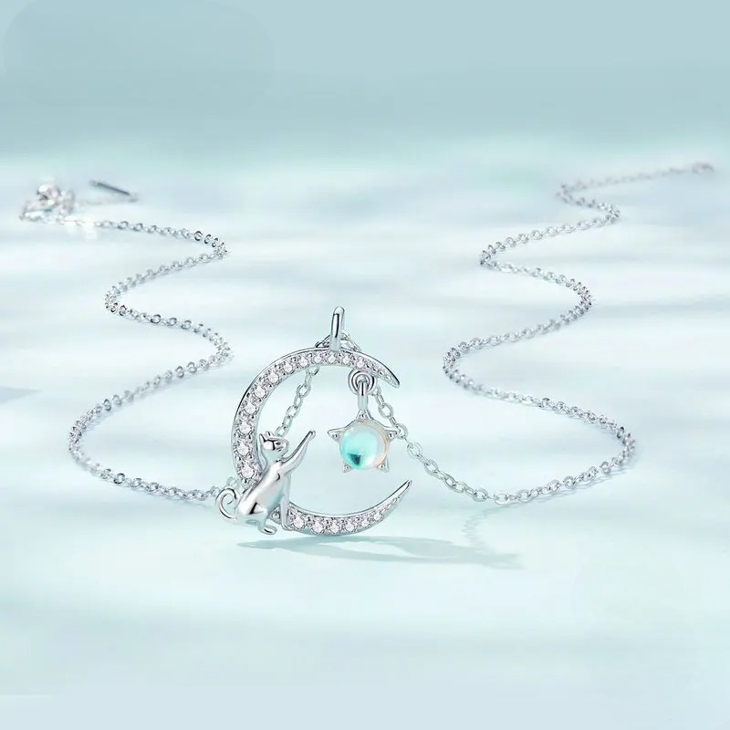 Collar Colgante Luna en Circonio y Gato