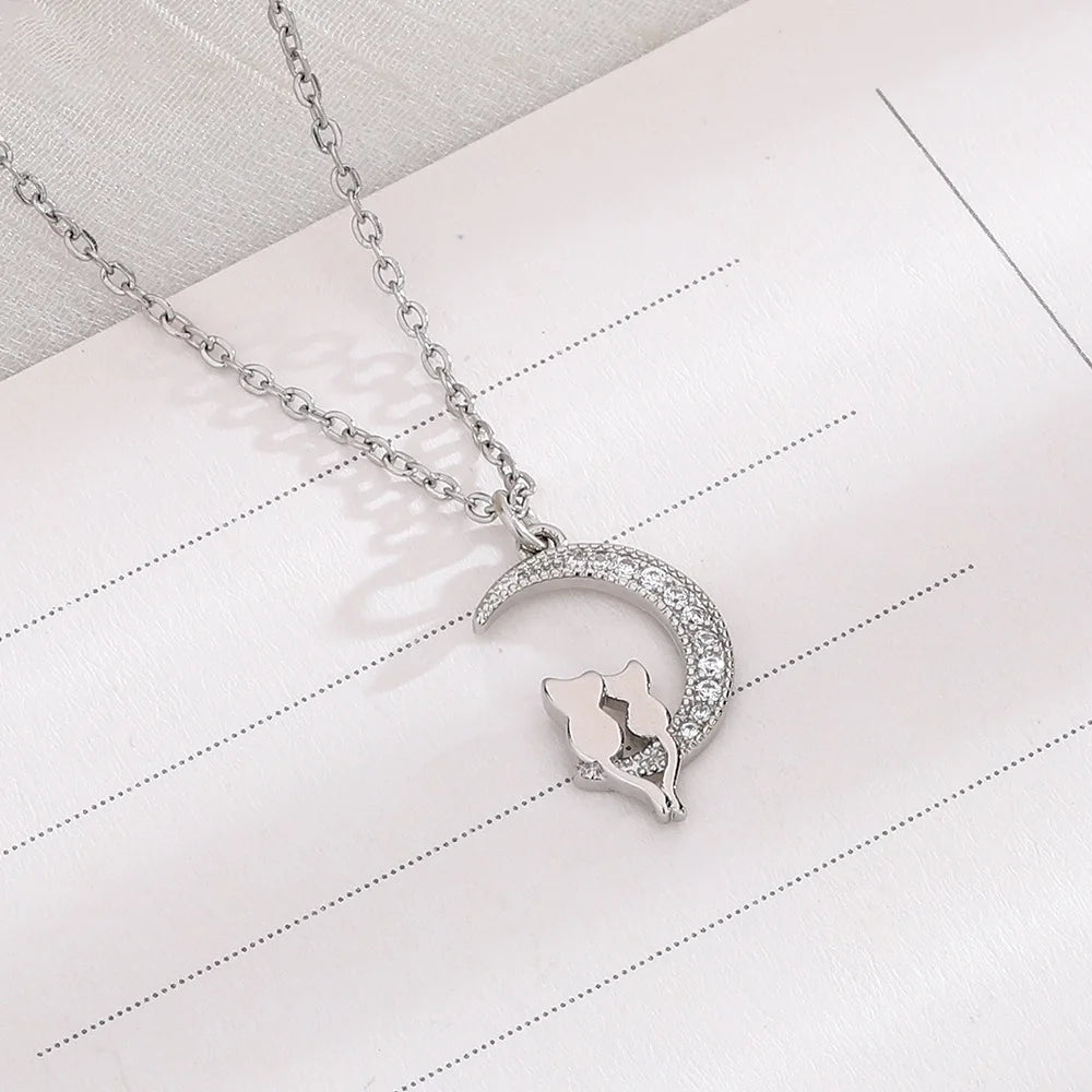 Collar Colgante Luna y Gatos con Cristal