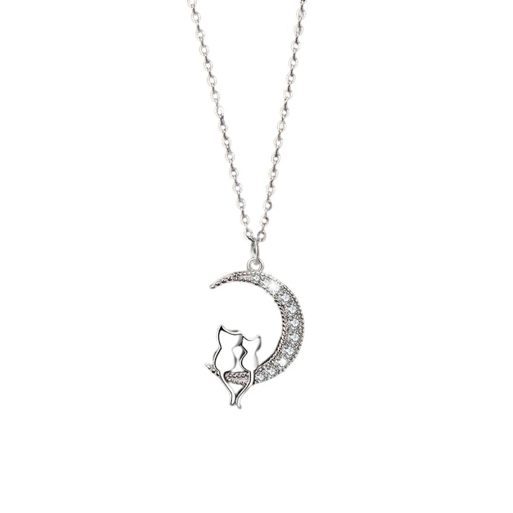 Collar Colgante Luna y Gatos con Cristal