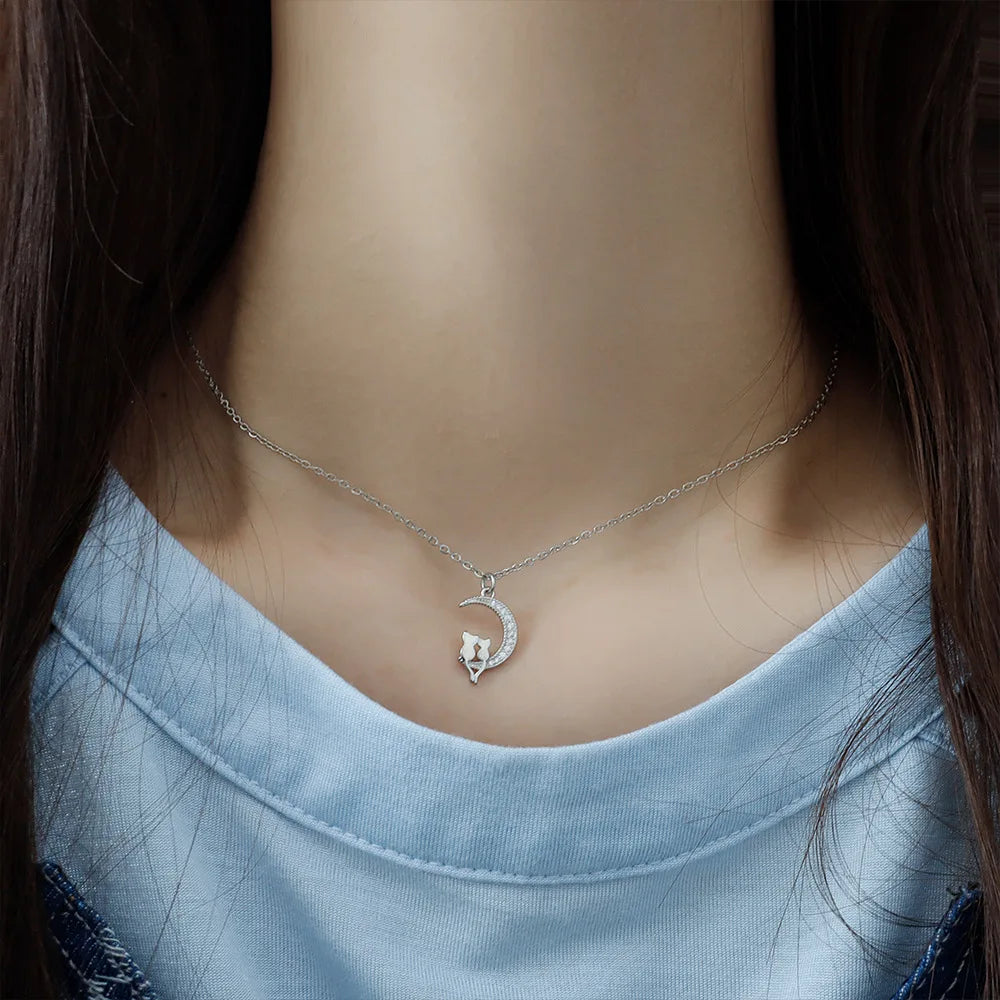 Collar Colgante Luna y Gatos con Cristal