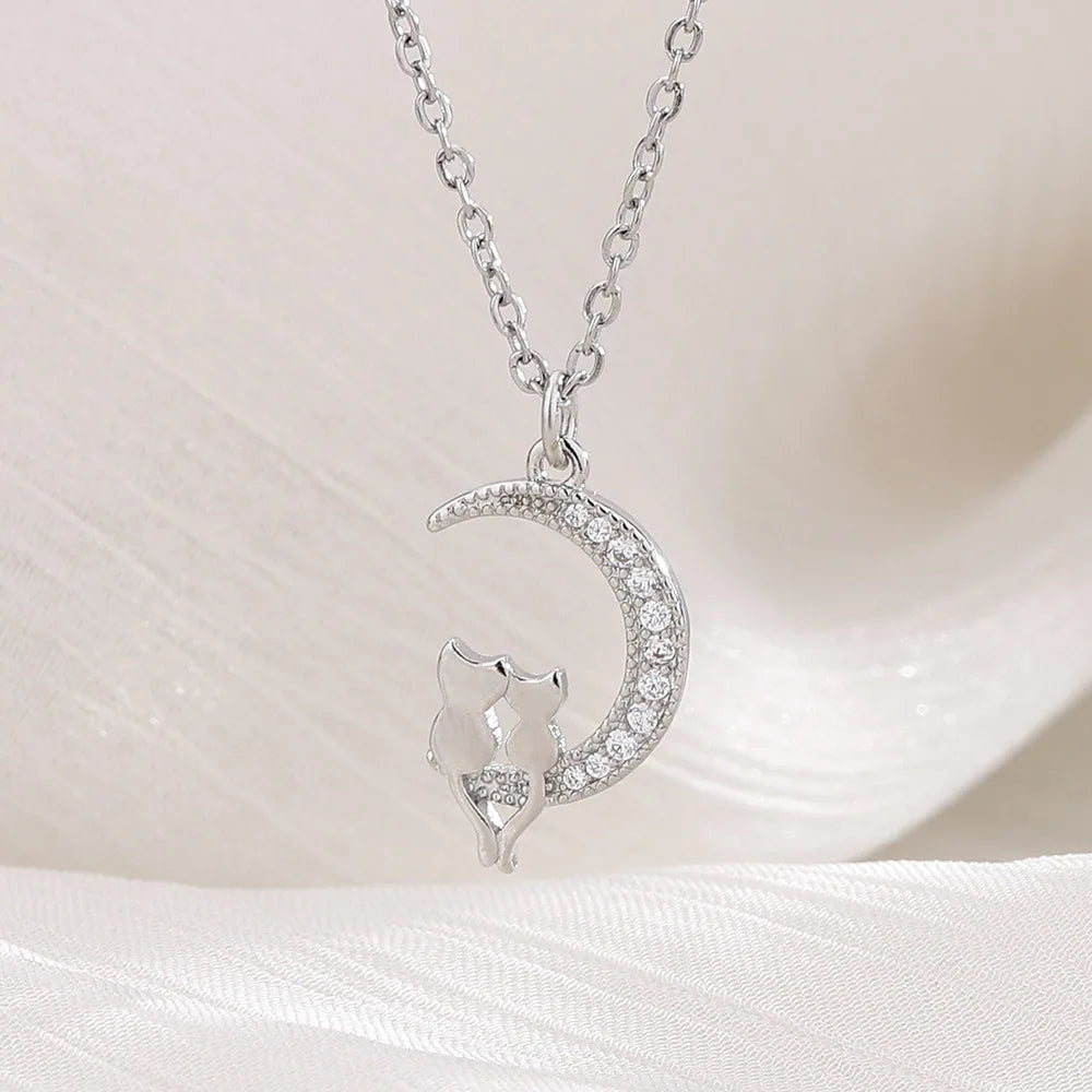 Collar Colgante Luna y Gatos con Cristal