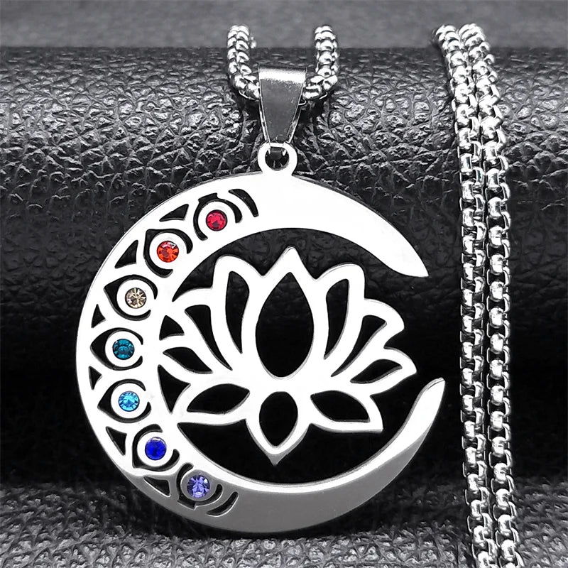 Collar Colgante Piedras 7 Chakras Flor de Loto plata