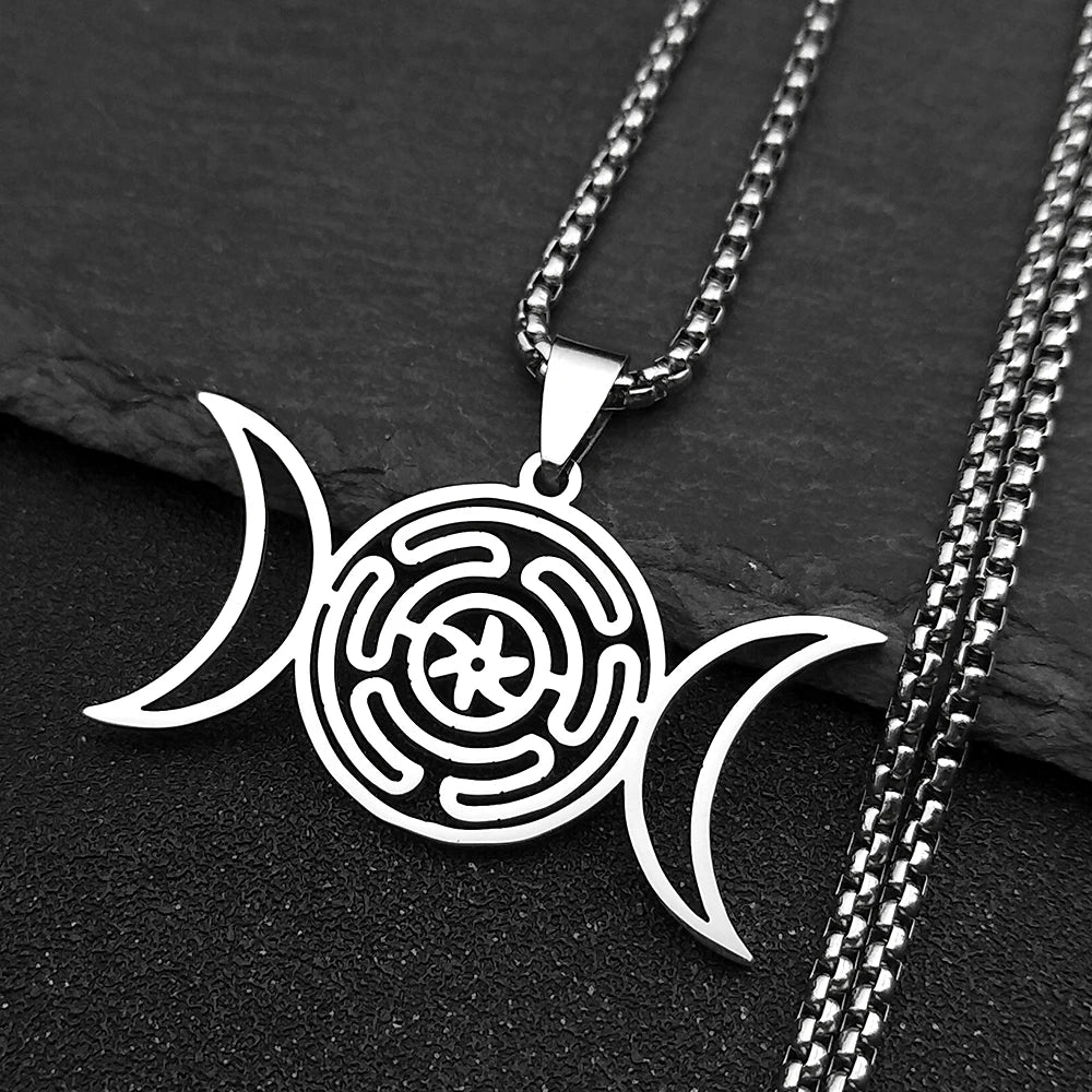 Collar Colgante Rueda de Hécate Brujería Wicca Strophalos plata 50 cm