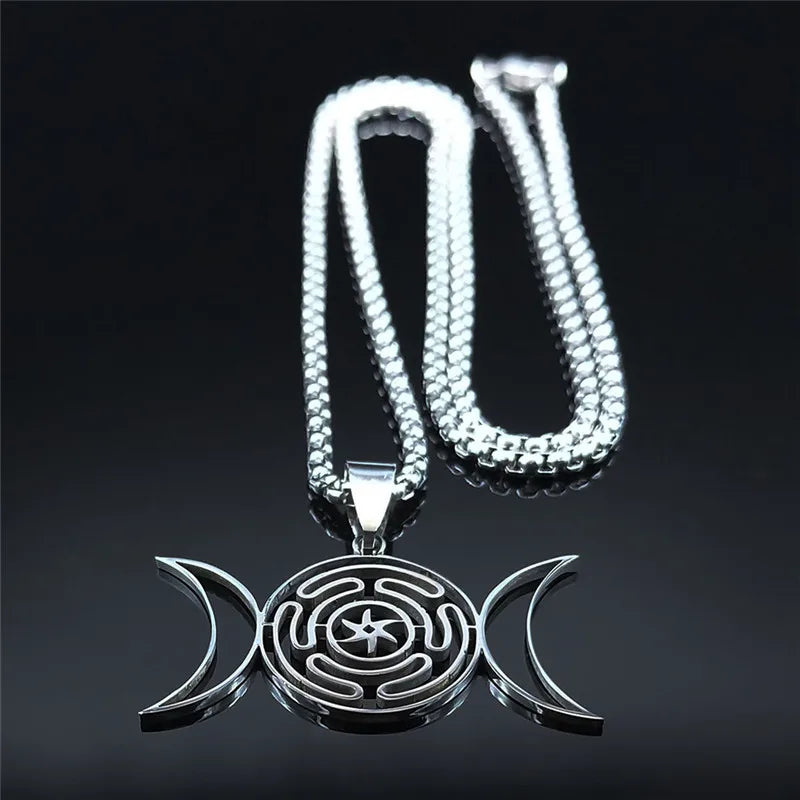 Collar Colgante Rueda de Hécate Brujería Wicca Strophalos plata 50 cm