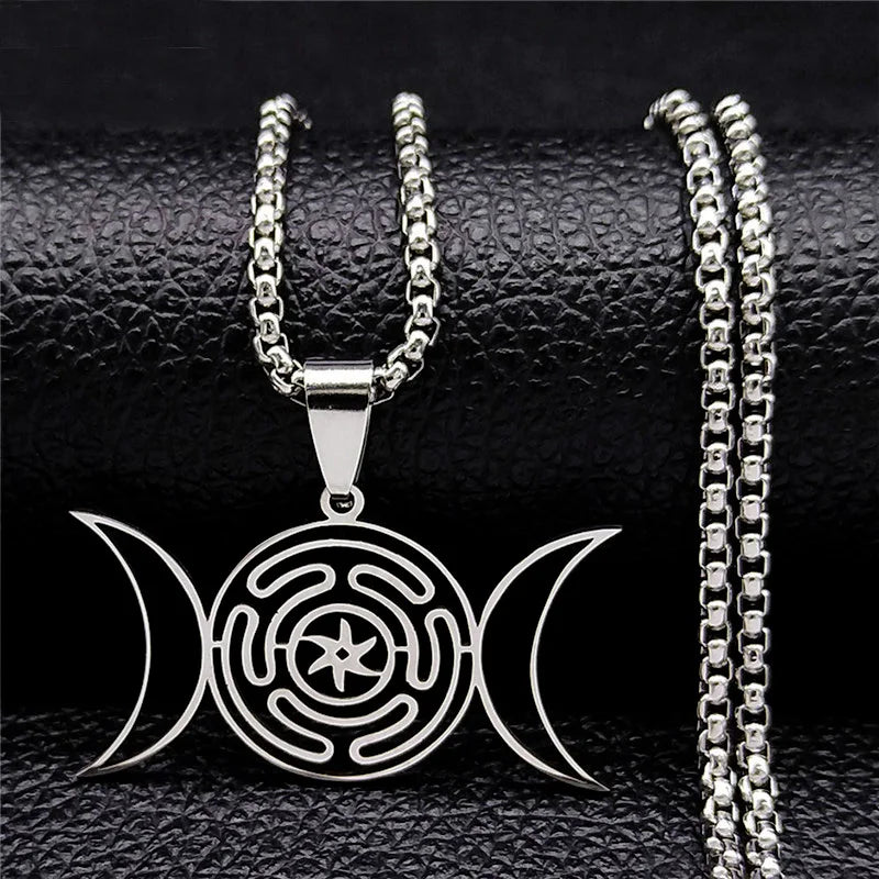 Collar Colgante Rueda de Hécate Brujería Wicca Strophalos plata 50 cm