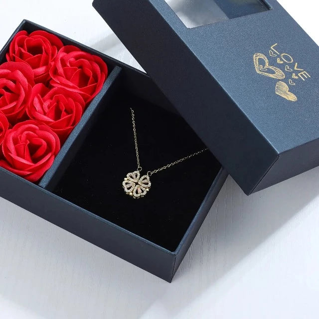 Collar Colgante Trébol Corazón con Caja de Regalo plata