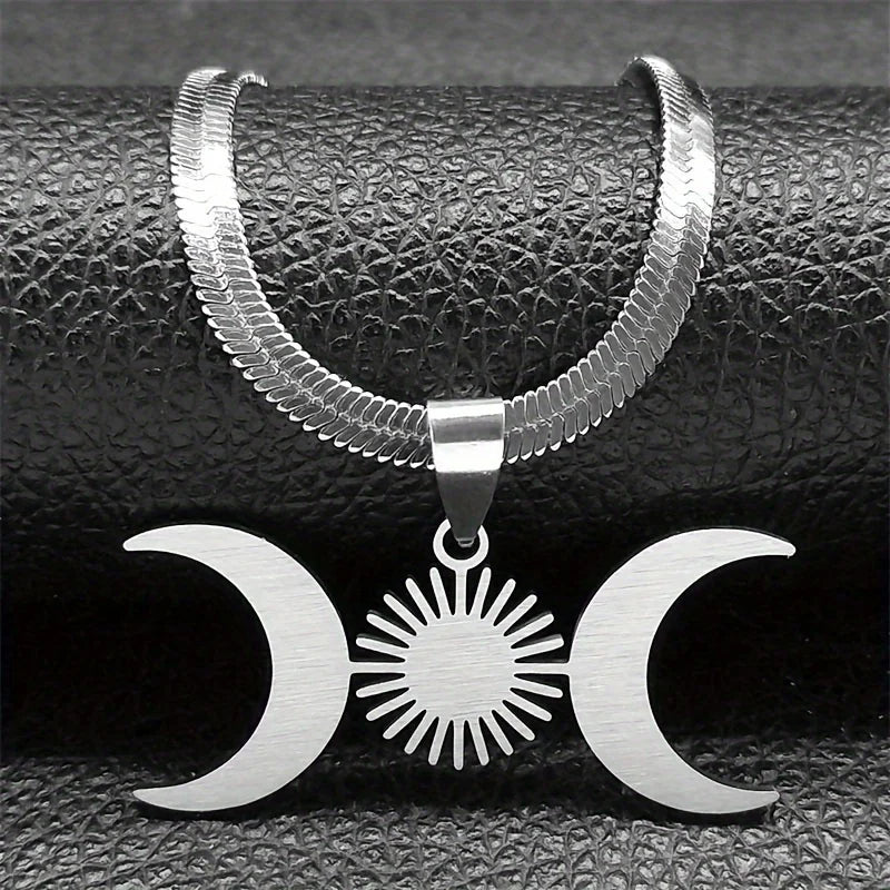 Collar Colgante Triple Luna Brujería Wicca plata