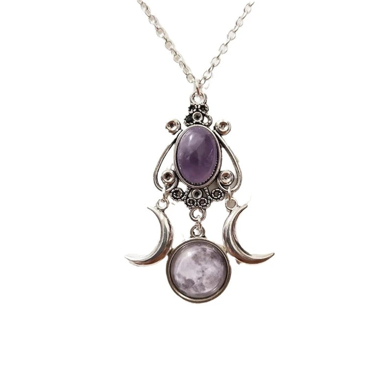 Collar Colgante Triple Luna Brujería Wicca Mujer violeta