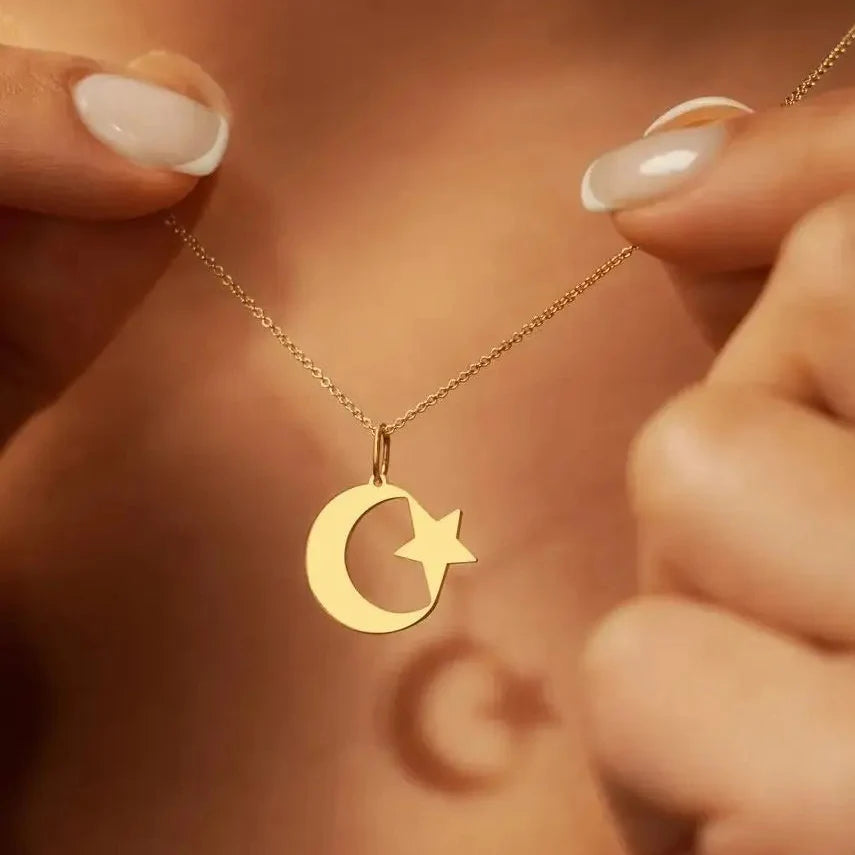 Collar para mujer con colgante simbólico del islam media luna y estrella árabe oro