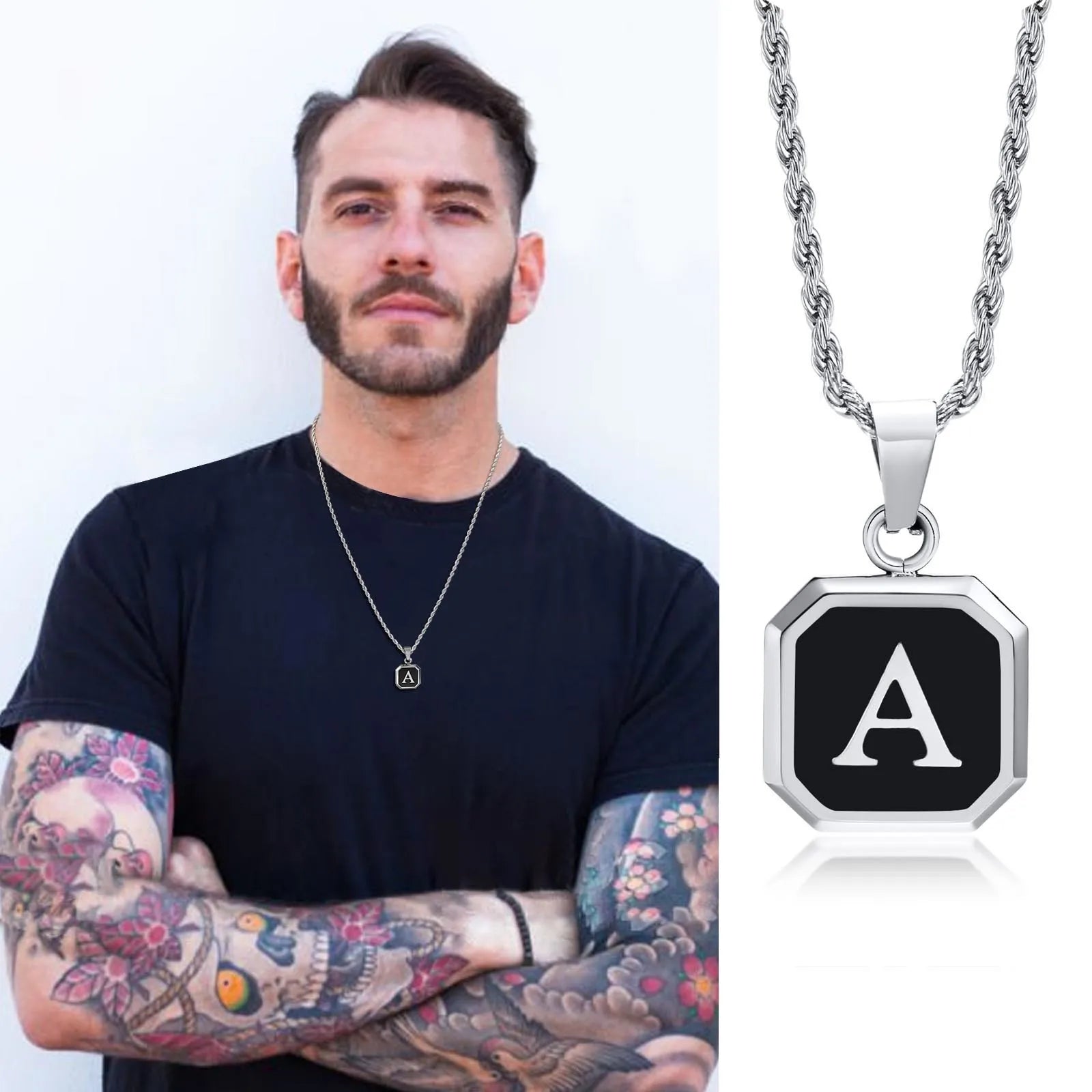 Collar para hombre con colgante hexagonal de inicial