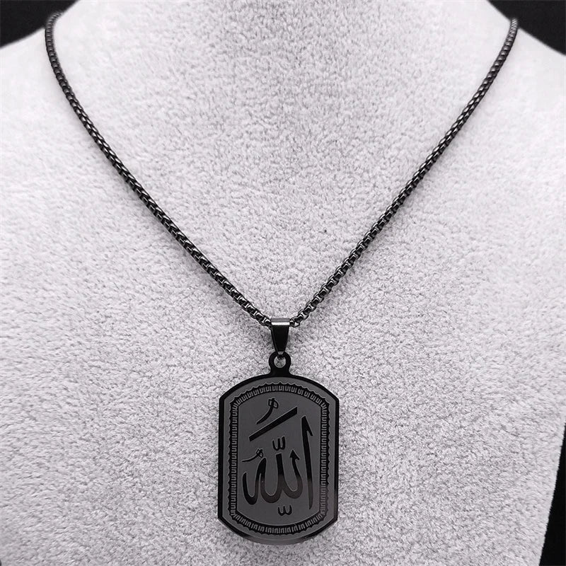 Collar para hombre o mujer con colgante hexagonal Allah árabe musulmán islam negro 60 cm