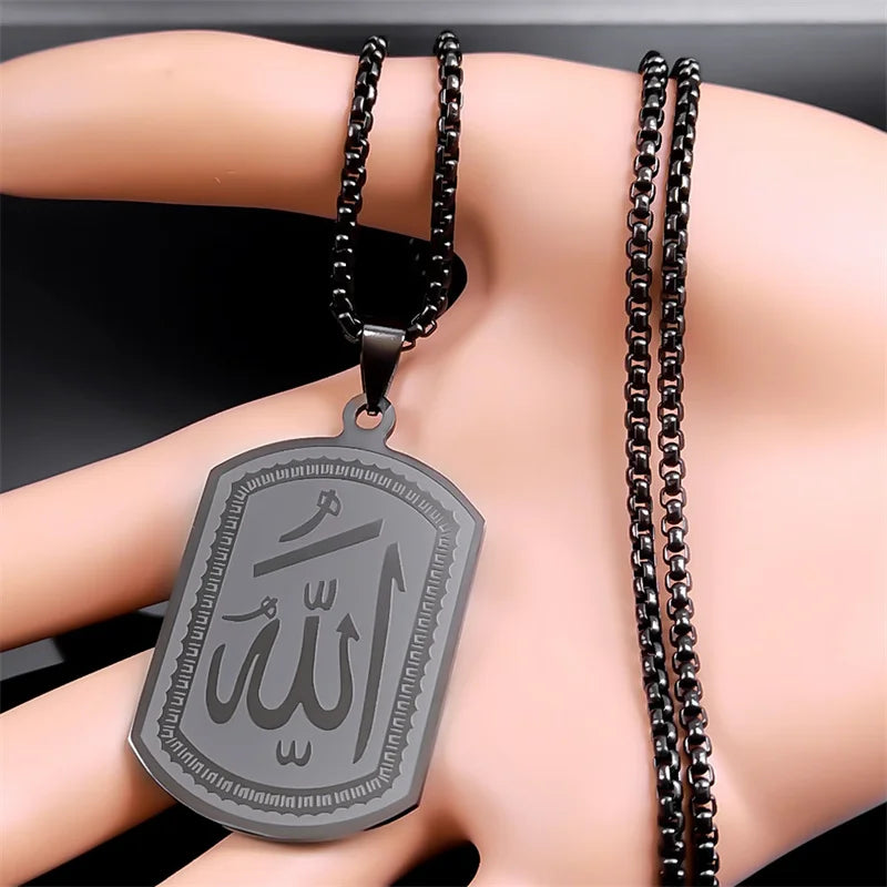 Collar para hombre o mujer con colgante hexagonal Allah árabe musulmán islam negro 60 cm