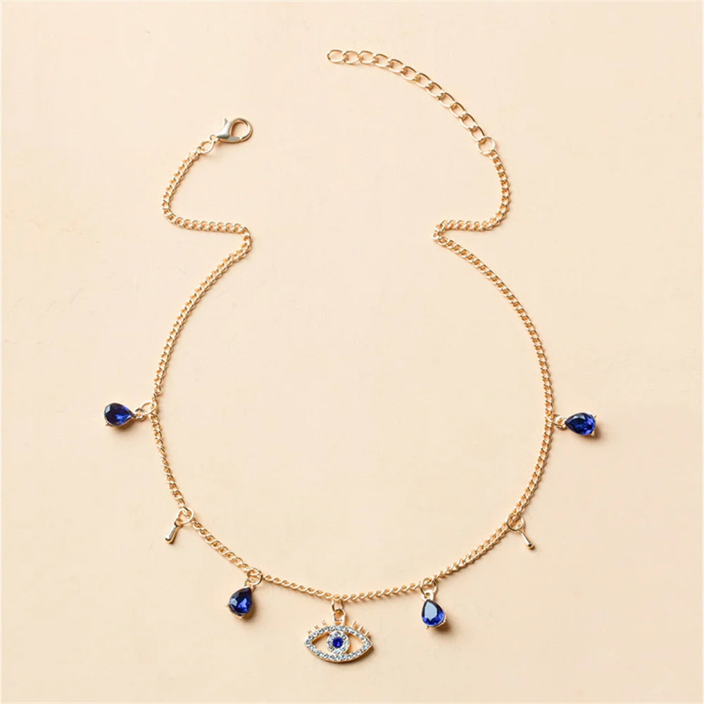 Collar Gargantilla Con Colgante Ojo Turco Azul Mala Suerte Con Strass Y Perlas Dorado