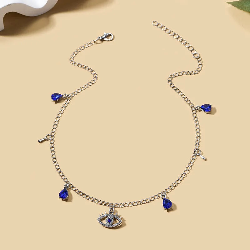 Collar Gargantilla Con Colgante Ojo Turco Azul Mala Suerte Con Strass Y Perlas Plateado