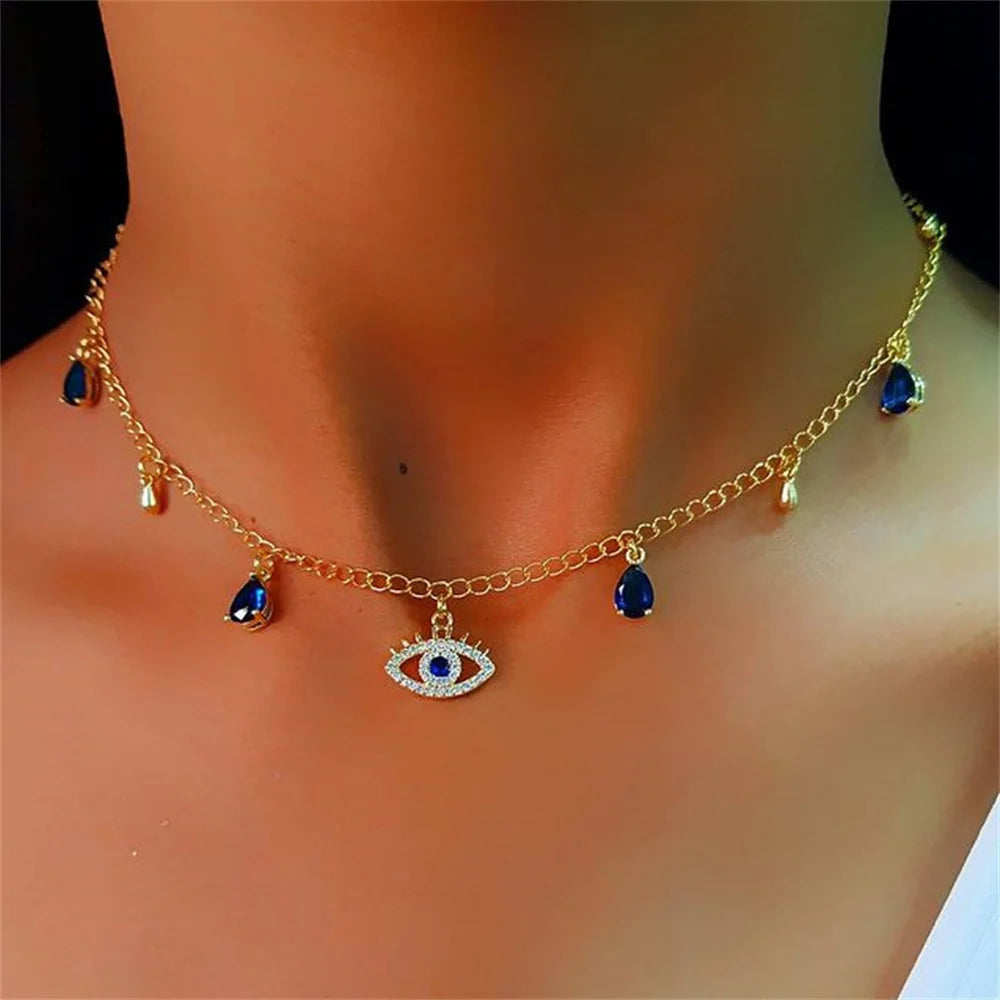 Collar Gargantilla Con Colgante Ojo Turco Azul Mala Suerte Con Strass Y Perlas Dorado