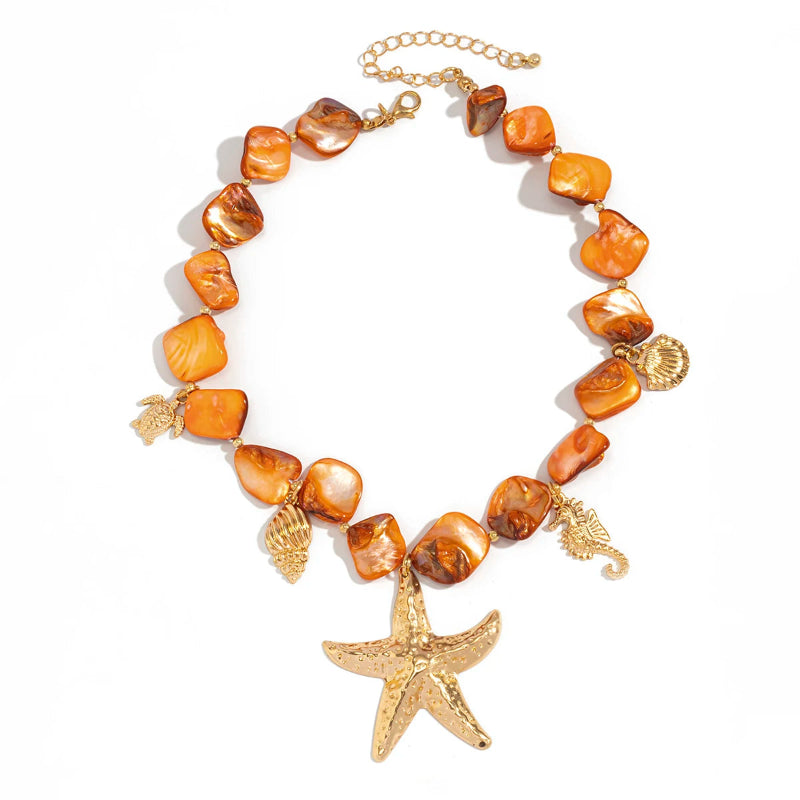 Collar Gargantilla con Colgantes de Conchas Estrella de Mar naranja