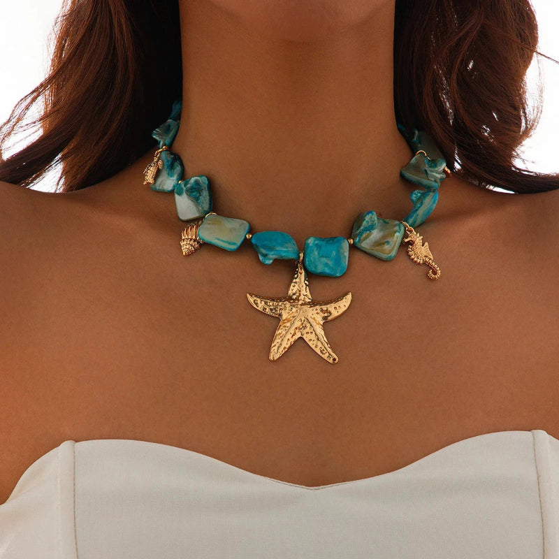 Collar Gargantilla con Colgantes de Conchas Estrella de Mar azul