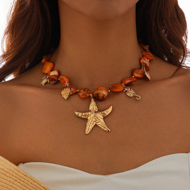 Collar Gargantilla con Colgantes de Conchas Estrella de Mar naranja