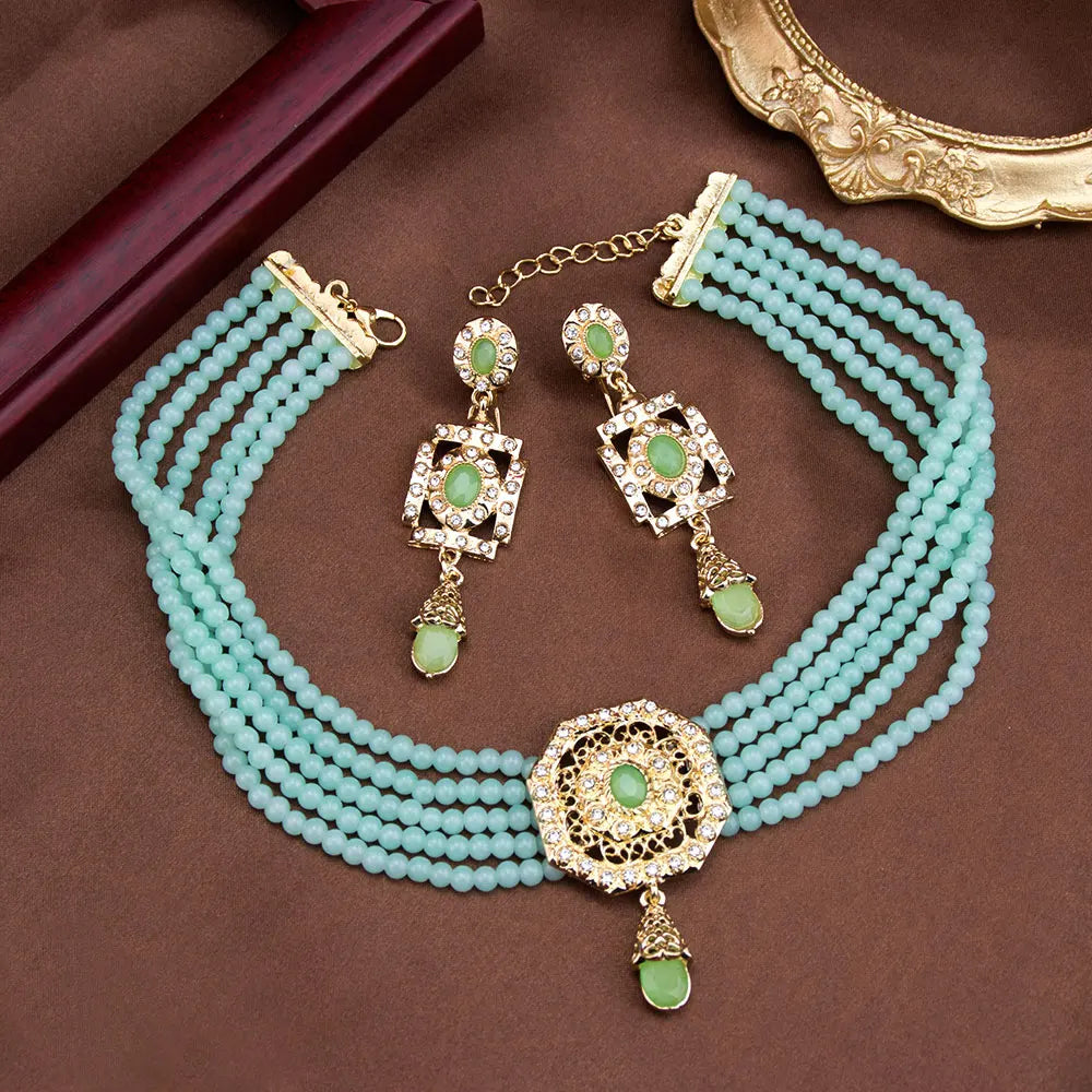 Collar choker de perlas con colgante y pendientes colgantes árabes turquesas