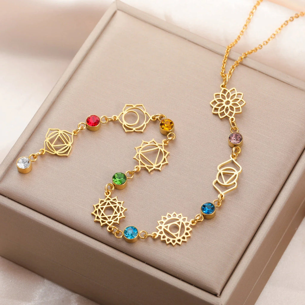 Collar Gargantilla con Colgante de Piedras de Circonio 7 Chakras oro
