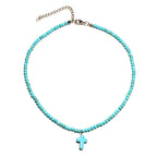 Collar Gargantilla Colgante Cruz Piedra Natural Mujer azul