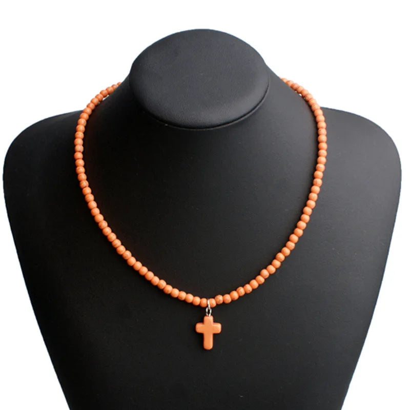 Collar Gargantilla Colgante Cruz Piedra Natural Mujer naranja