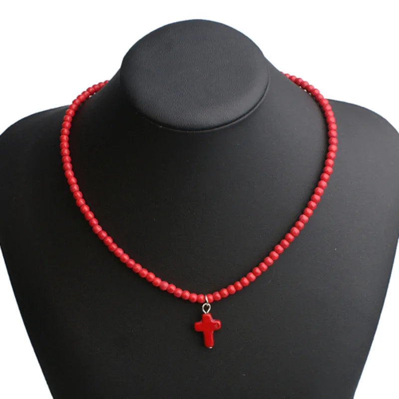 Collar Gargantilla Colgante Cruz Piedra Natural Mujer rojo