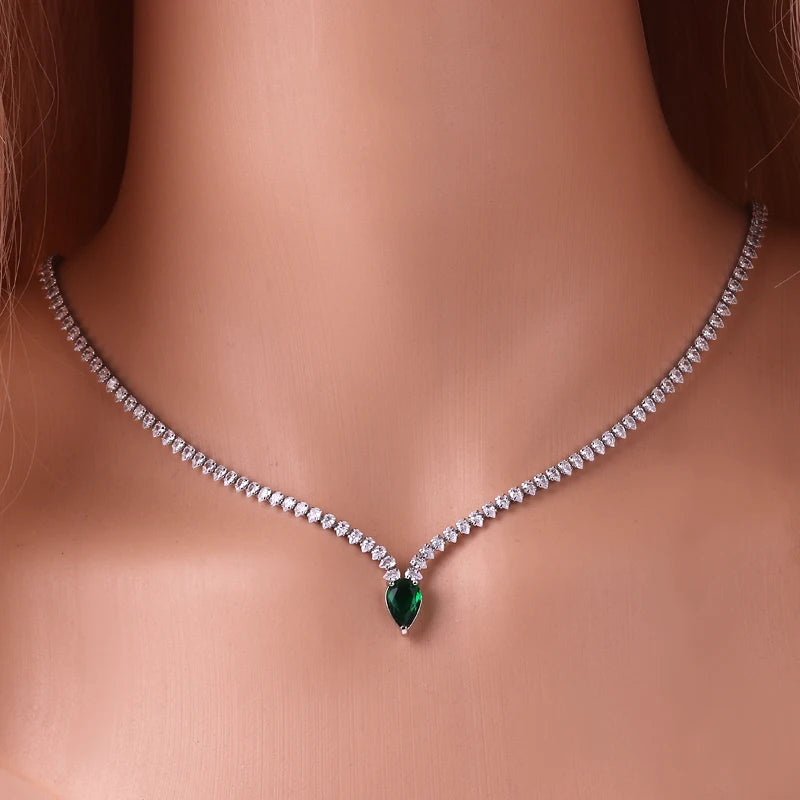 Encantador Collar Gargantilla Colgante Gota de Agua y Circonio plata y verde