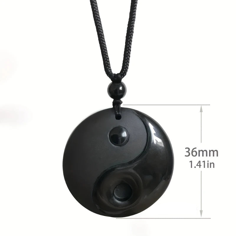 Collar Trenzado con Colgante de Piedra Obsidiana Negra Yin Yang