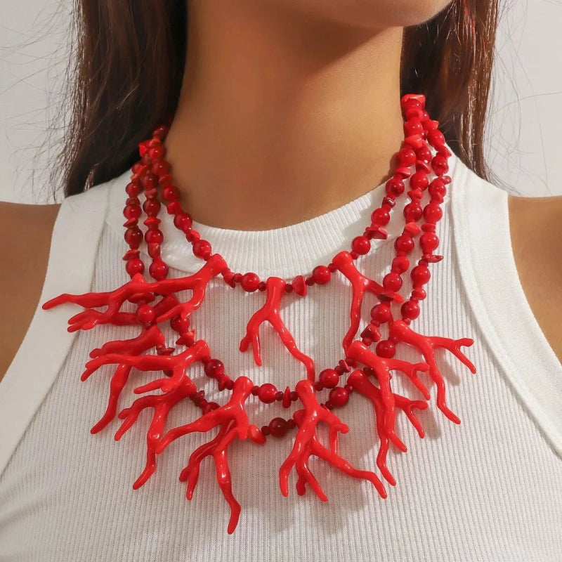 Collar Triple Vuelta Gargantilla Coral rojo